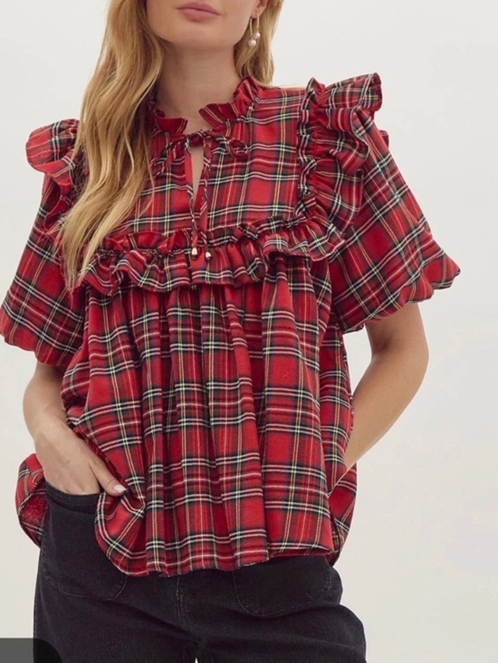 entro Red Plaid Peasant Ruffle Tie-Neck Blouse
